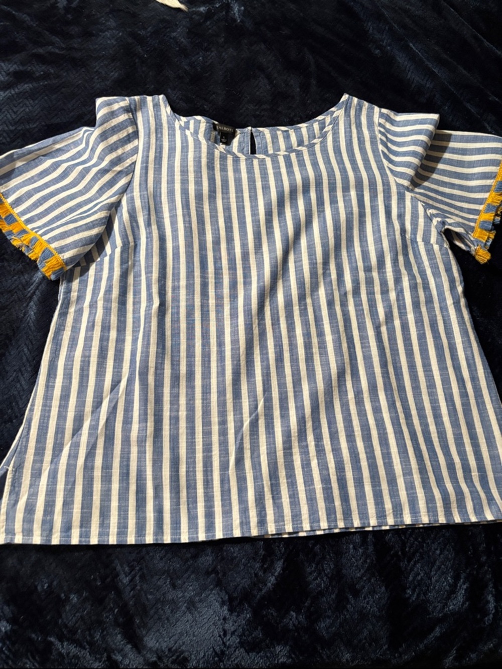 Ladies Talbots Blue & White Striped Top with Blue/Yellow Fringe Trim